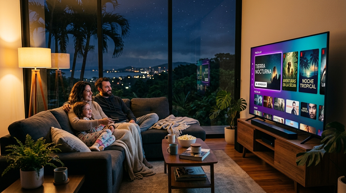 Familia disfrutando de streaming en vivo en su sala, con Costa Rica de fondo