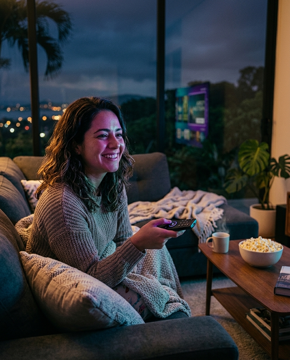 Clienta disfrutando de su servicio de streaming desde el sofá